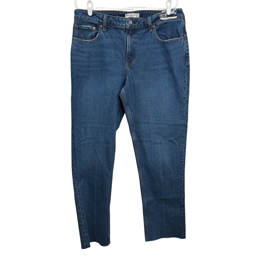 NWT Abercrombie & Fitch 90s Straight Leg Jeans Medium Wash Raw Hem Mid Rise 32
